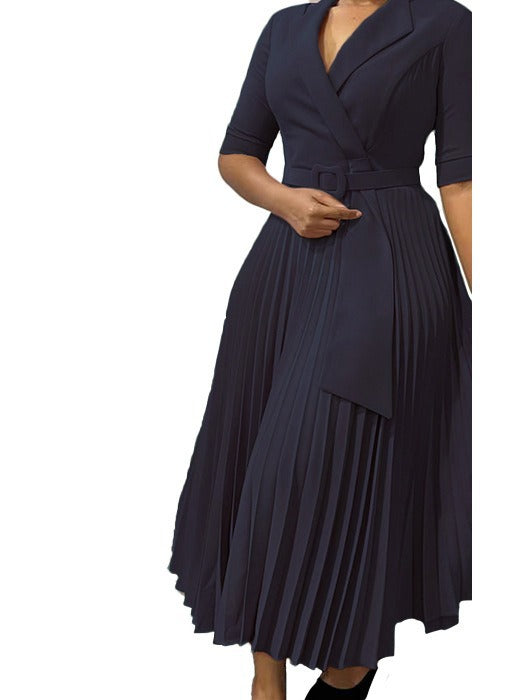 Women Turndown Collar Pleated Solid Dress 10
