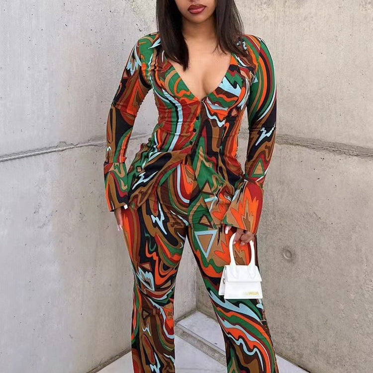 Autumn deep V suit female sexy printed shirt wide-leg pants fashion casual two-piece set 7