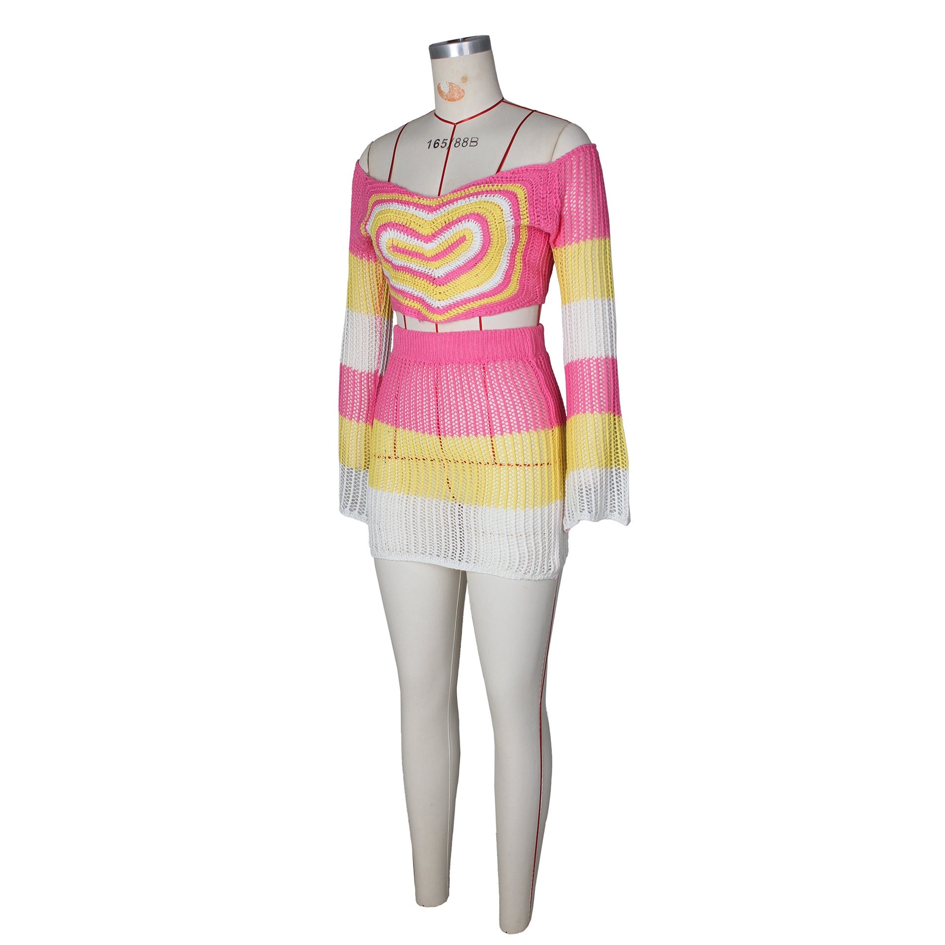 Spring Summer Crochet Heart Print Multi-Color Slim Two-Piece Skirt Set 10