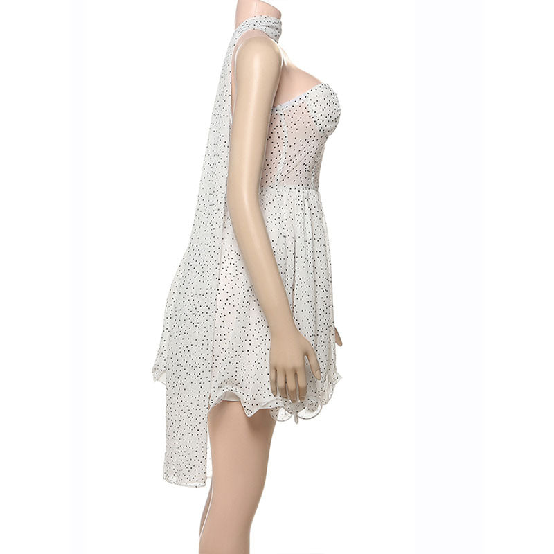 high street V-neck sexy polka dot print Strapless high waist slim dress 7