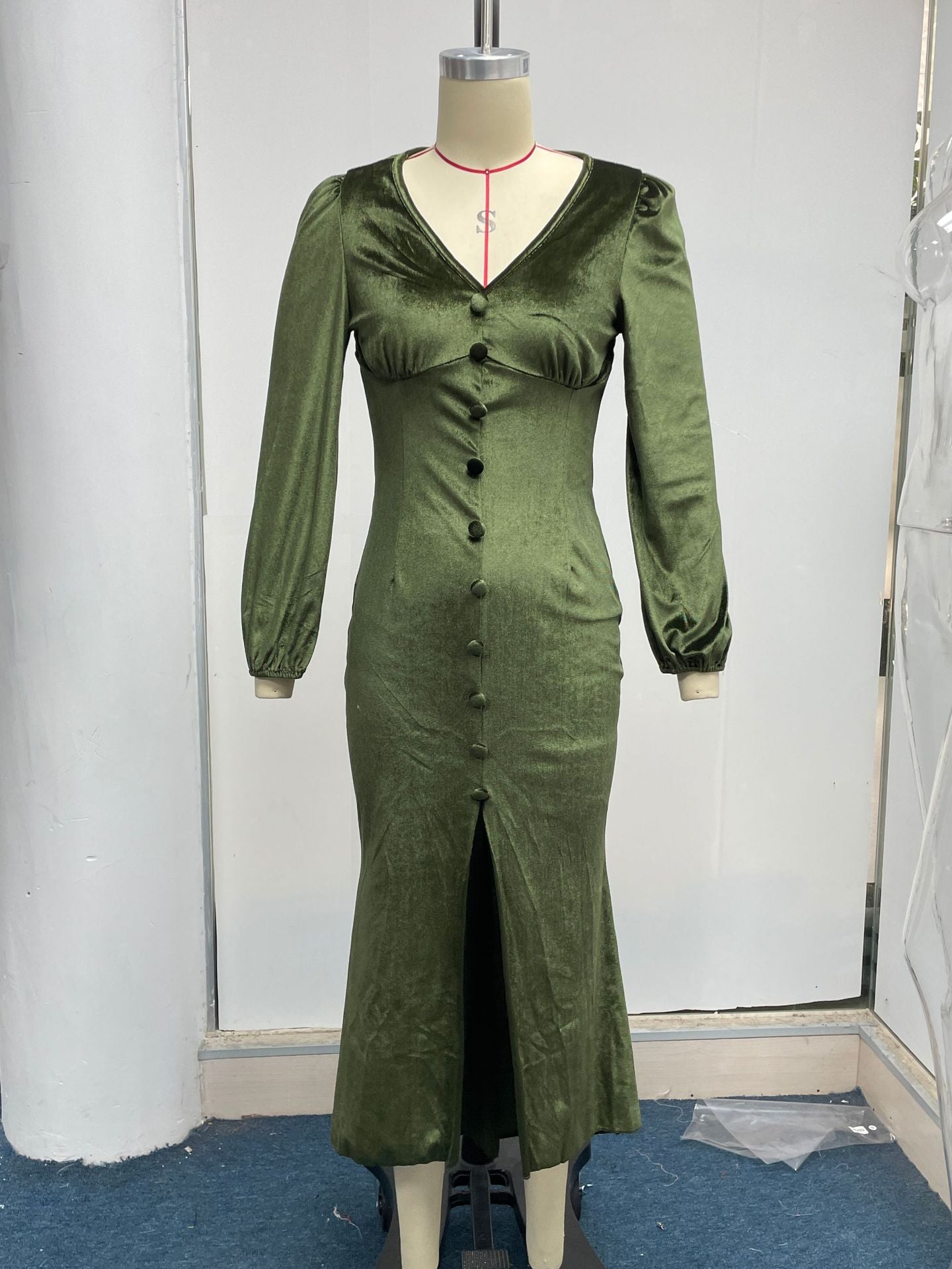 Women Autumn Knittingv Collar Solid Padded Shoulder Long Sleeve Slit Evening Dress 29