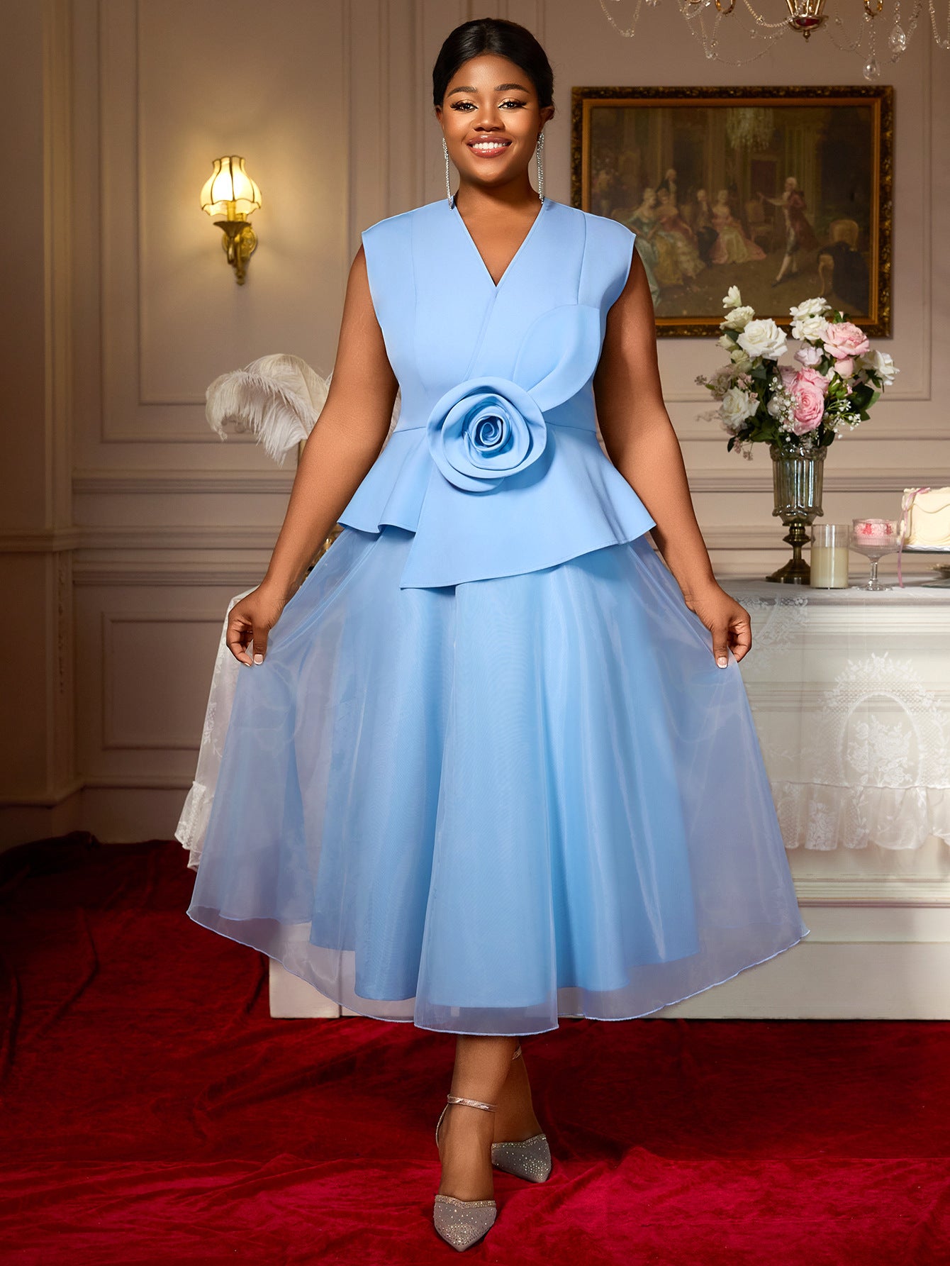 Plus Size Women's Blue Elegant V-Neck Dress Flower Formal Fashion Party Evening Gown 7