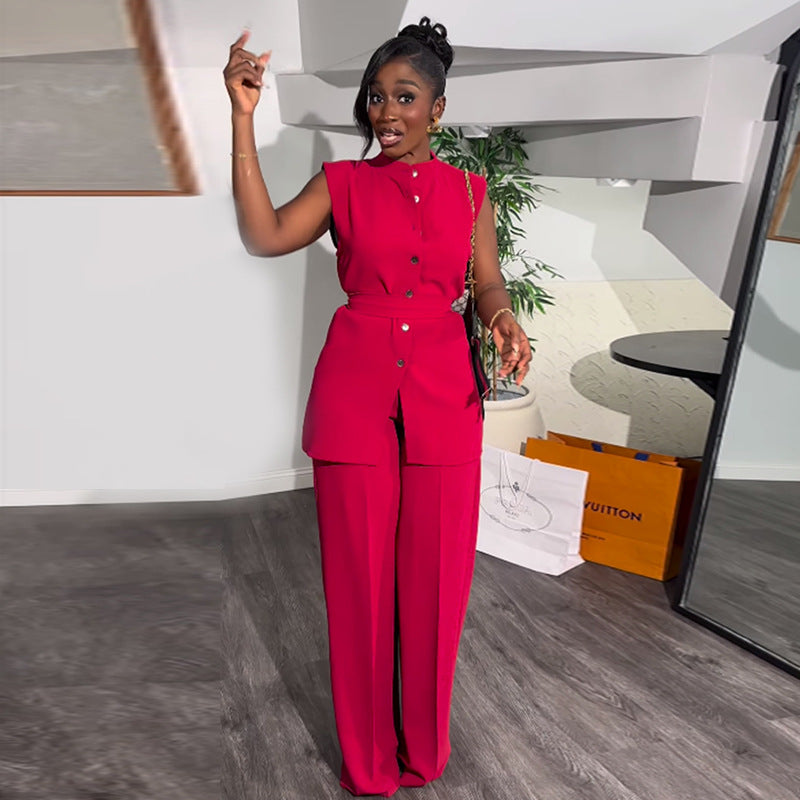 Women's Summer Stand Collar Buttoned Sleeveless Slim Waist Belt Top Wide Leg Pants Two Piece Set 5