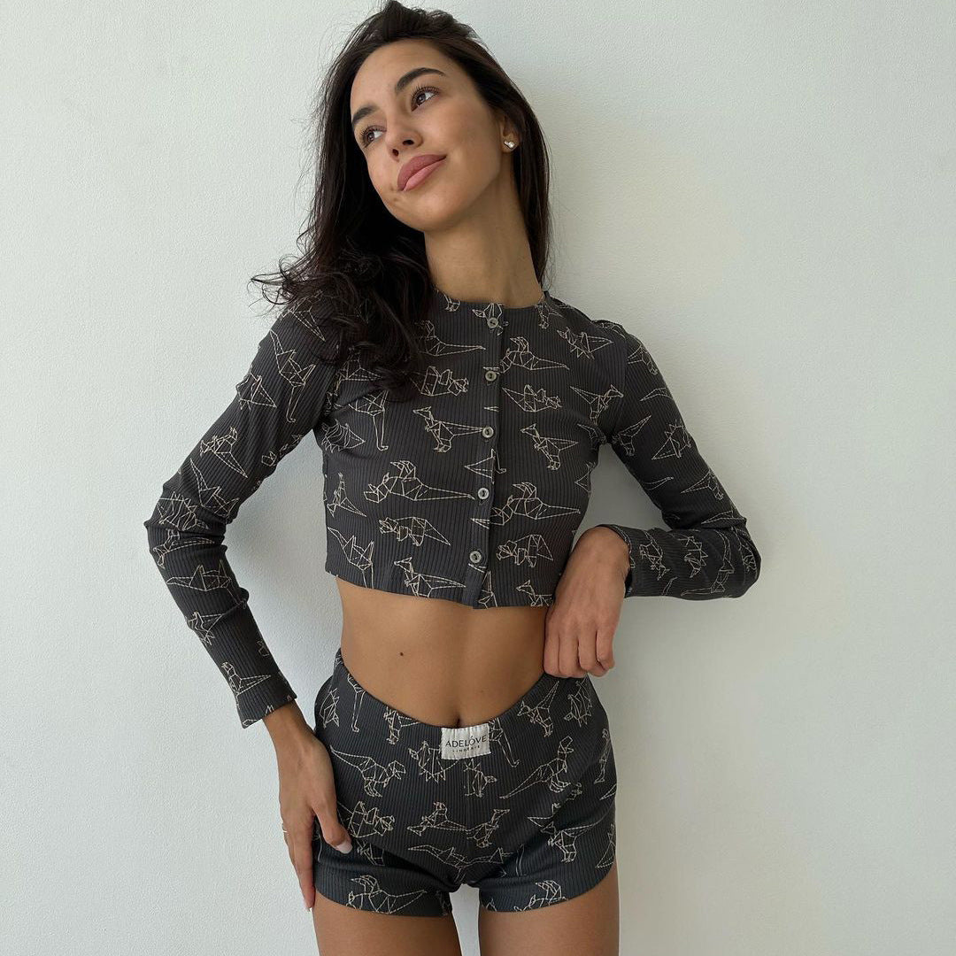 Women's Casual Summer Button Crop Long-Sleeved T-Shirt Tight Fitting Shorts Two Piece Set For Women 7