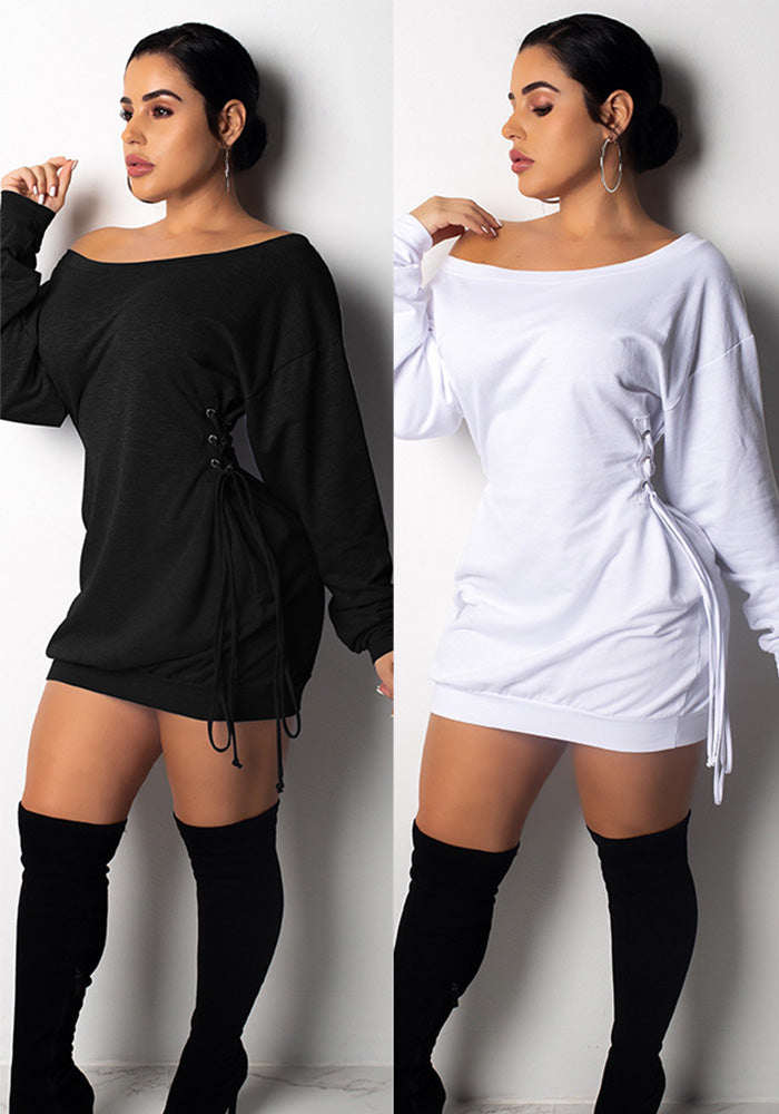 Sexy Off-Shoulder Lace-Up Slim Waist Solid Color Long Sleeve Casual Dress