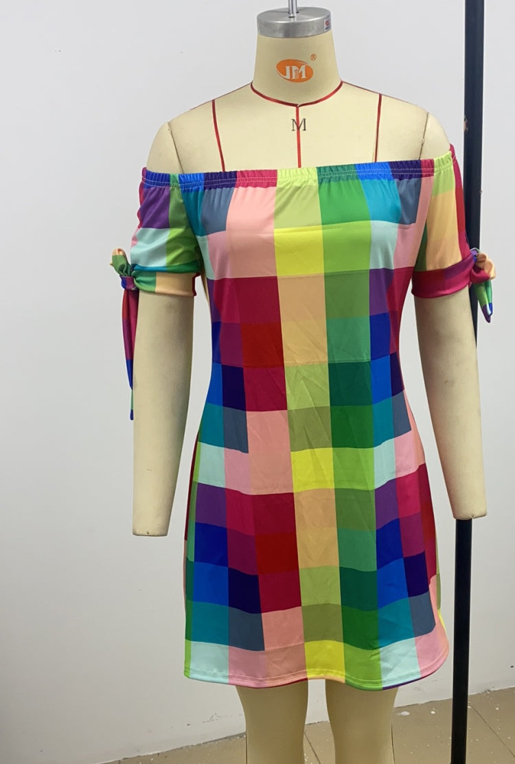 Summer Multicolor Check Printed Off Shoulder Short Sleeve Casual Midi Dress 3