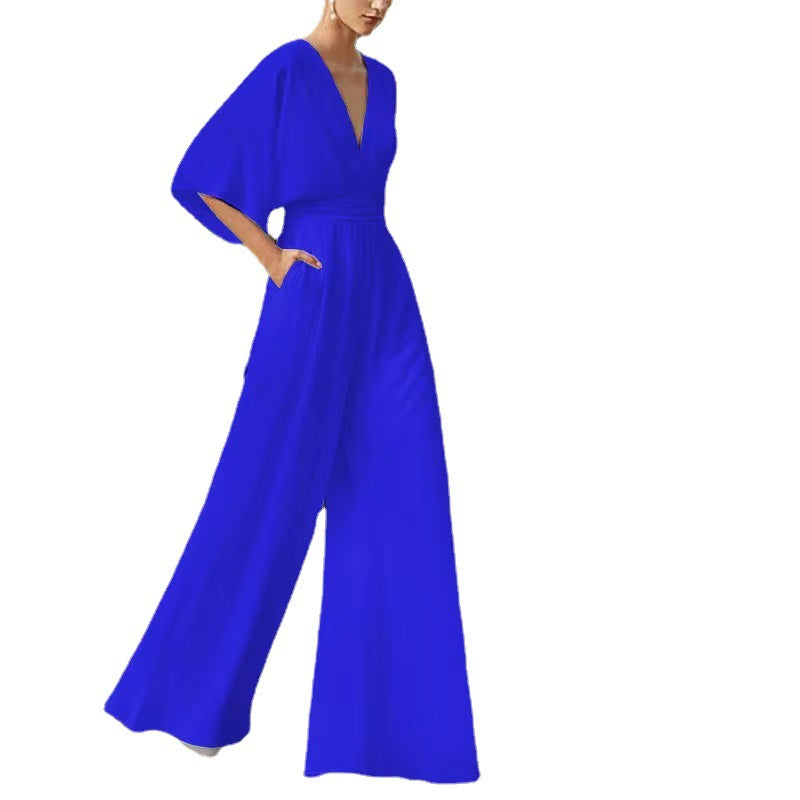 Spring And Summer Solid Color Fashion V-Neck Jumpsuit Mid-Waist Chic Career Jumpsuit 9