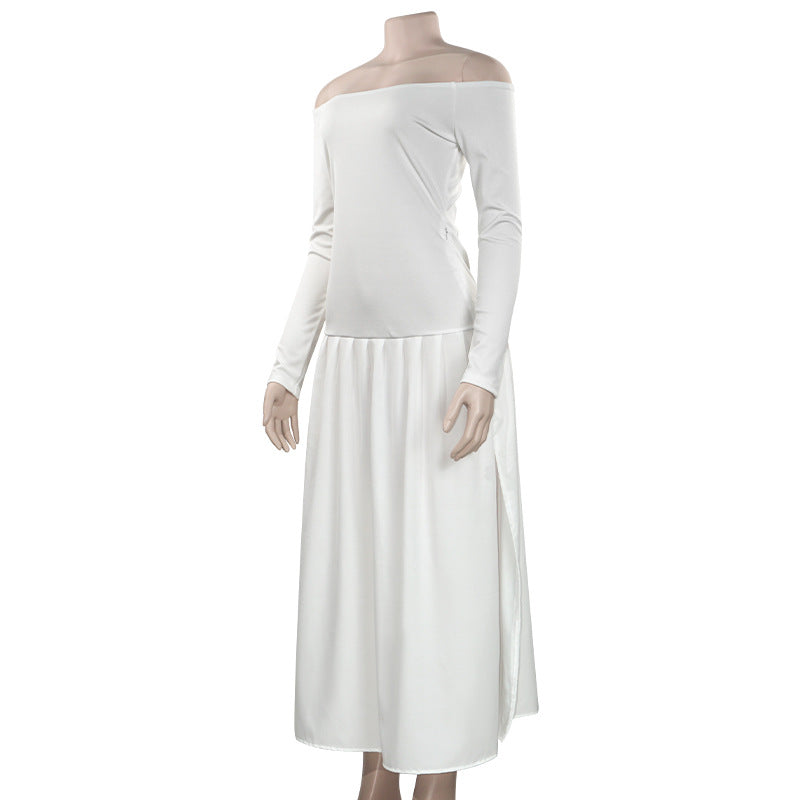 Spring Solid Color Off Shoulder Long Sleeve Slim Patchwork Long Dress 7