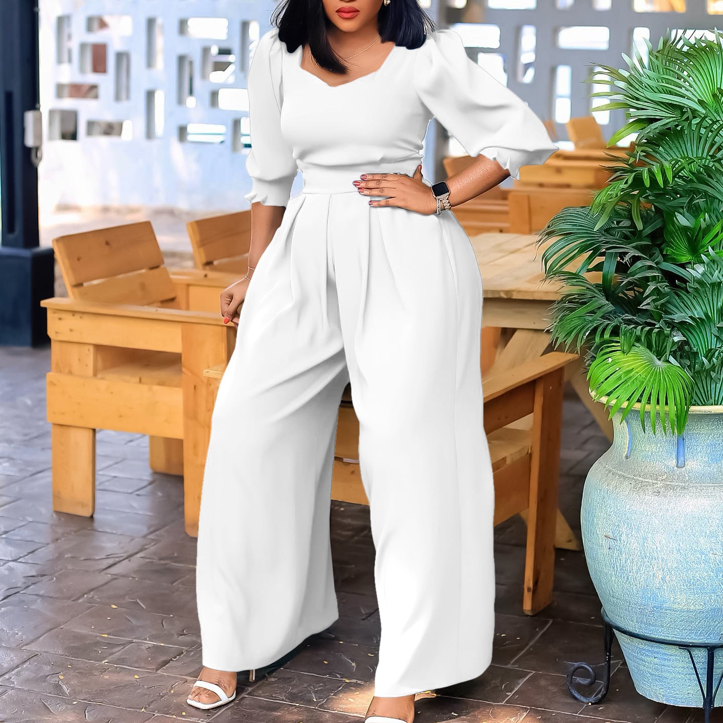 Plus Size African Women Long Sleeve Solid Loose Wide Leg Jumpsuit 3