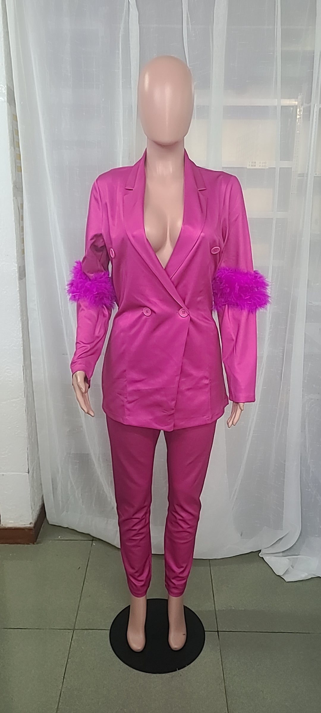 Fall Women Feather Blazer and Pant Two Piece 27