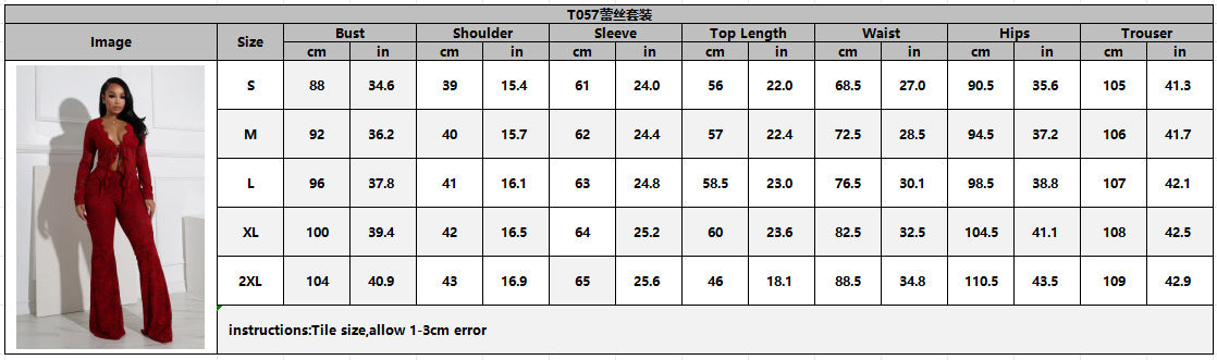 Women sexy with hollow long sleeves lace Top and Pants Two-piece Set 6