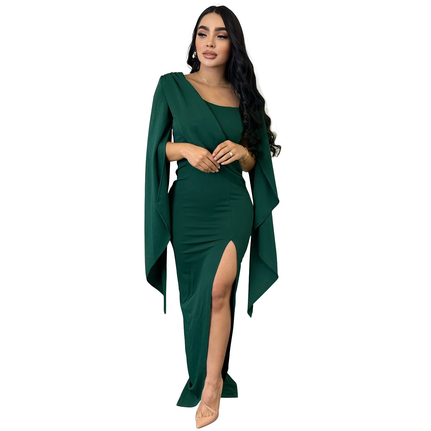 Fashion Women's Solid Color Long Sleeve Slit Pleated Maxi Dress 12