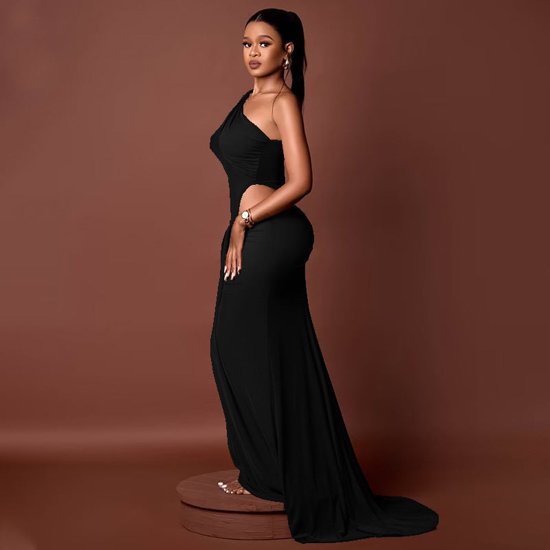 Chic Women’s Pleated Solid Color One-Shoulder Sleeveless Bodycon Long Dress 4