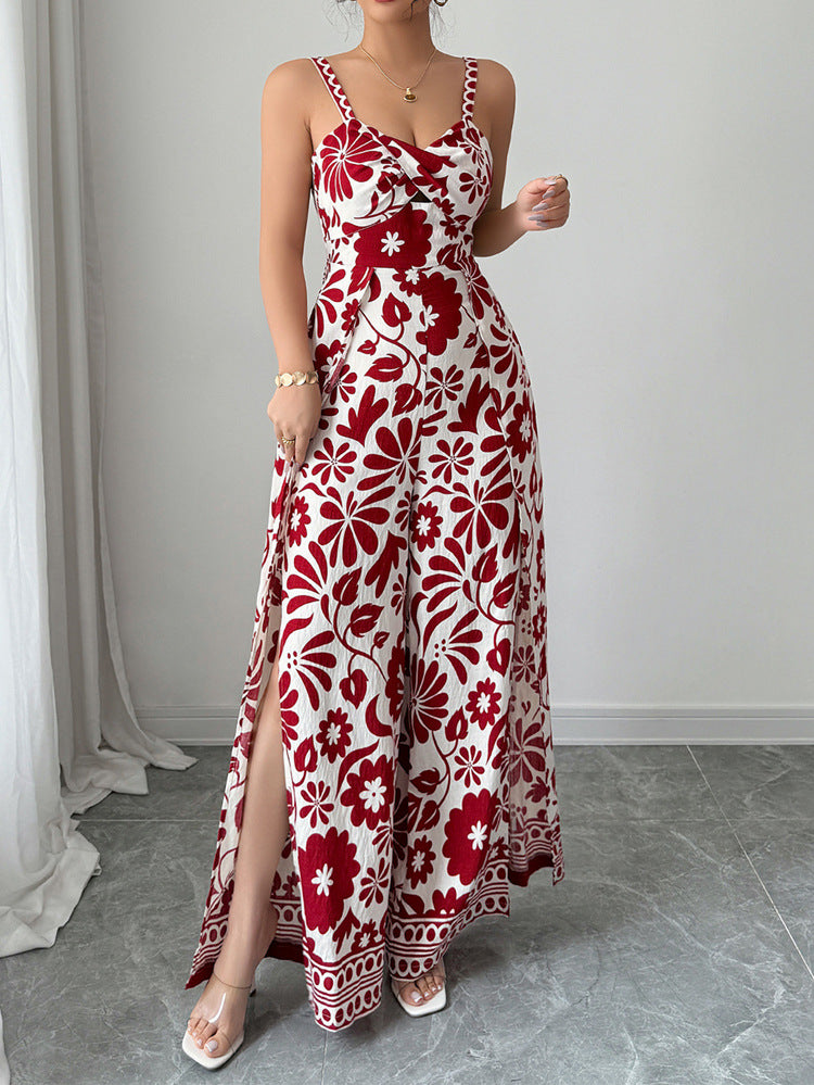 Women Spring and Summer Chic Elegant Knot Printed Small Suspender Wide Leg Jumpsuit