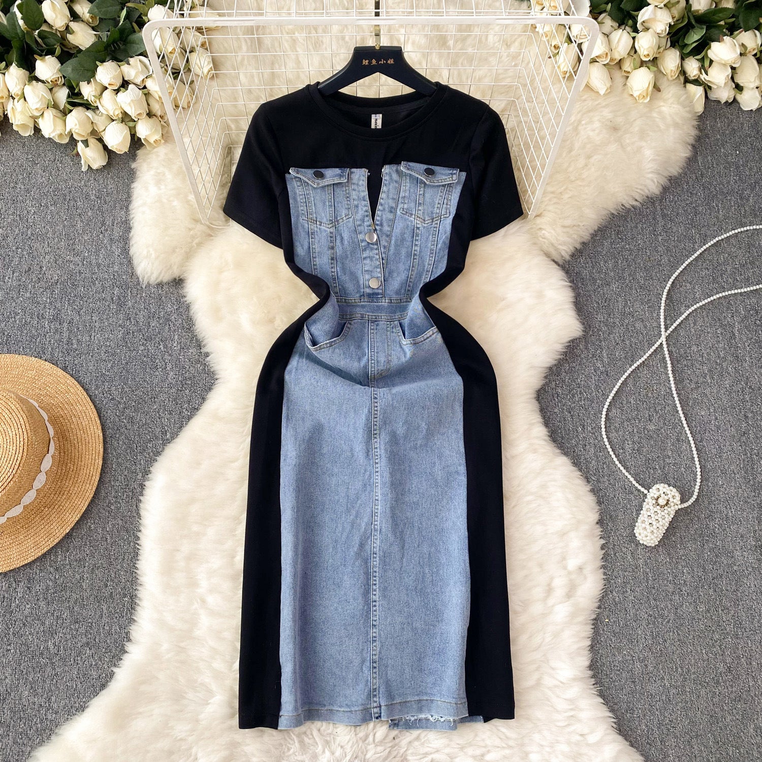 Round Neck Short Sleeve Patchwork Denim Dress Slim Waist Fake Two-Piece Long Dress 4