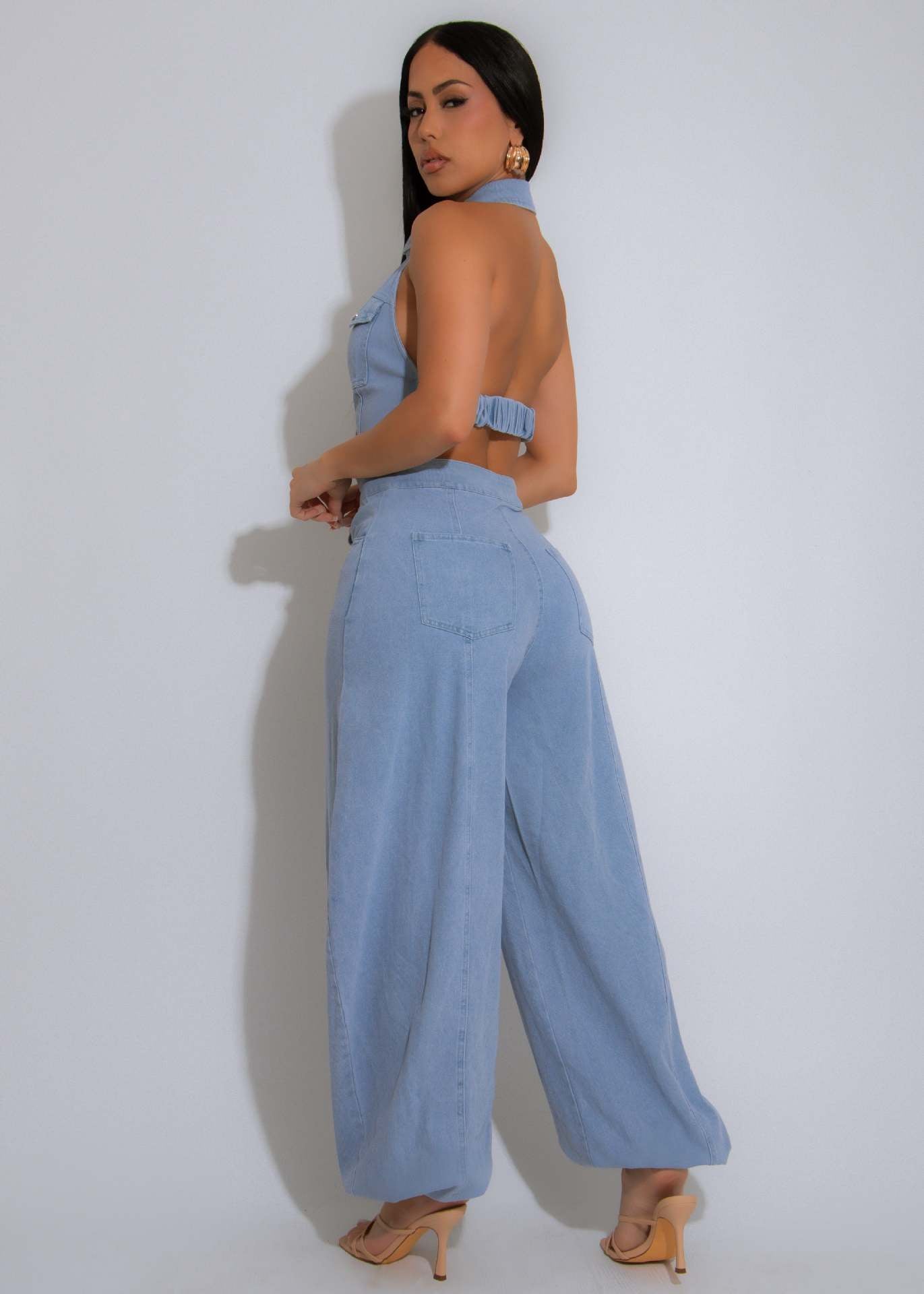 Sleeveless Low Back Washed High Stretch Casual Denim Jumpsuit 9