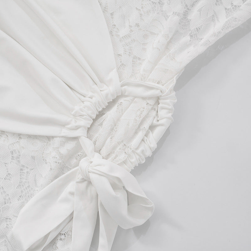 Women Sexy Halter Neck Lace Patchwork Gathered Tie Bodycon Dress 19