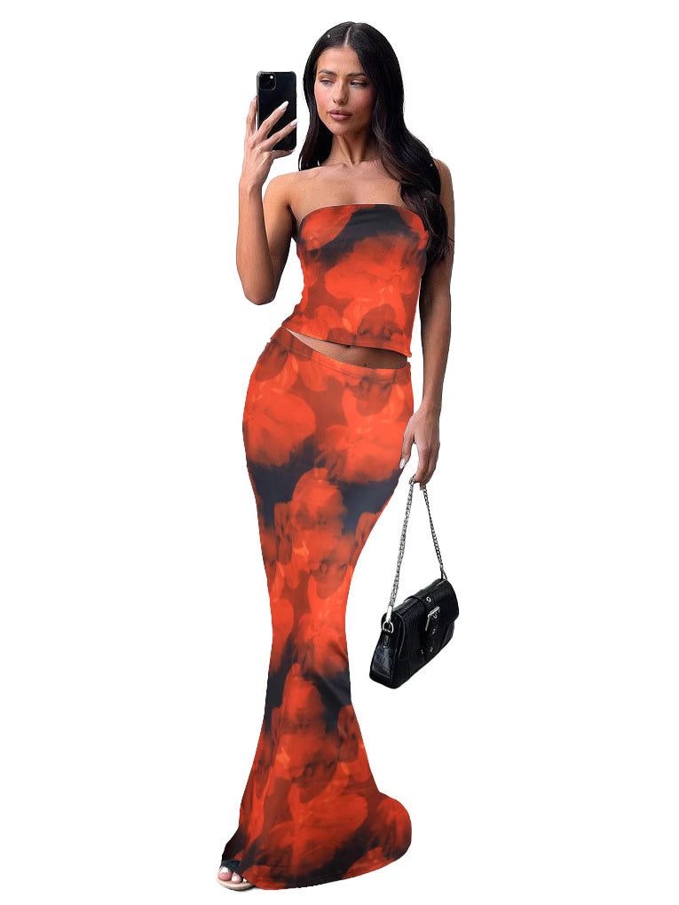 Women Summer Sexy Printed Strapless Top and Skirt Two-Piece Set 6