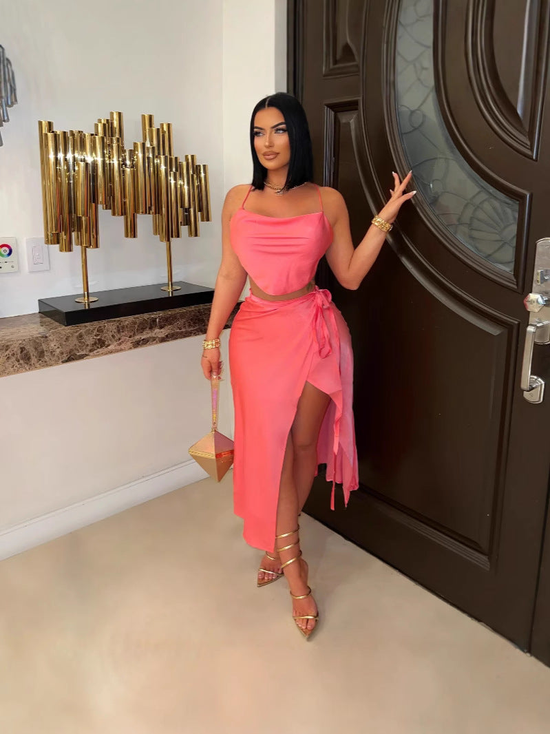 Sexy Strap High Slit Two Piece Skirt Set 3