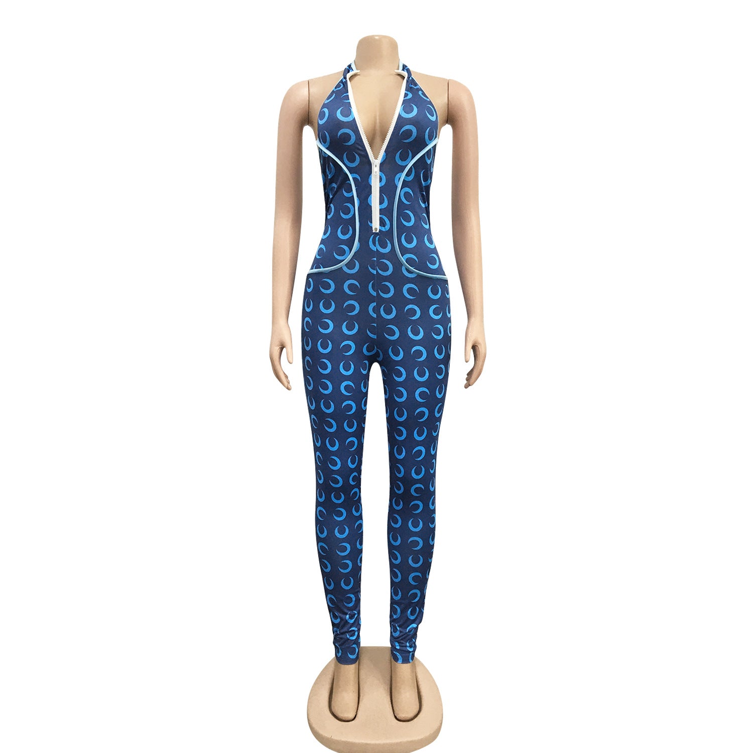 Women Crescent Moon Print Halter Neck Jumpsuit 4
