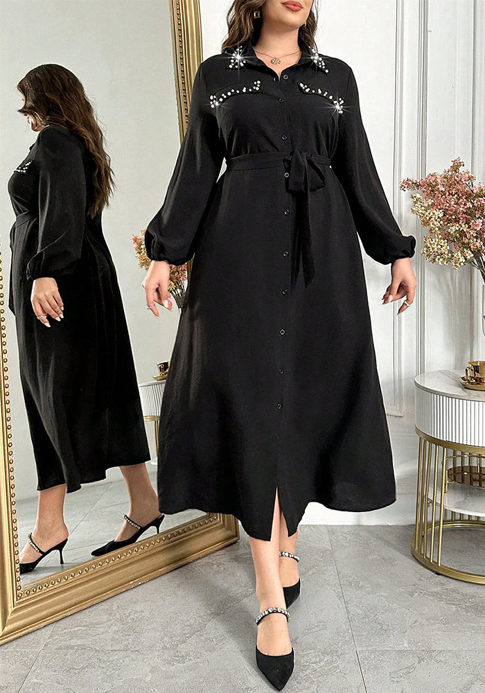 Plus Size Autumn/Spring Slim Waist Black Maxi Dress
