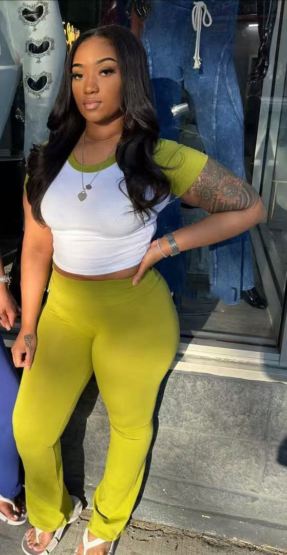 Women Summer Contrast Color Short-Sleeved T-Shirt and Pants Casual Two-Piece Set 4