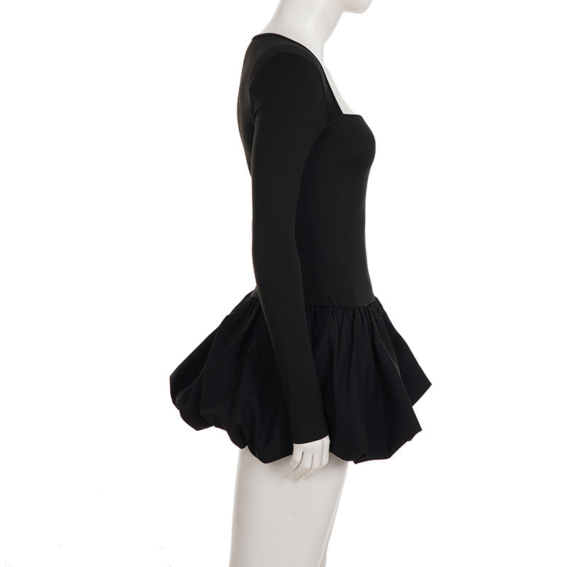 Women Elegant Square Neck Floral Long-Sleeved Solid Dress 7