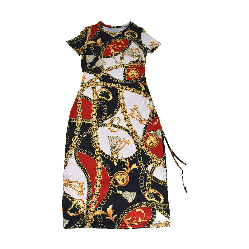 Sexy Chain Print Short Sleeve Drawstring Irregular Casual Dress 4