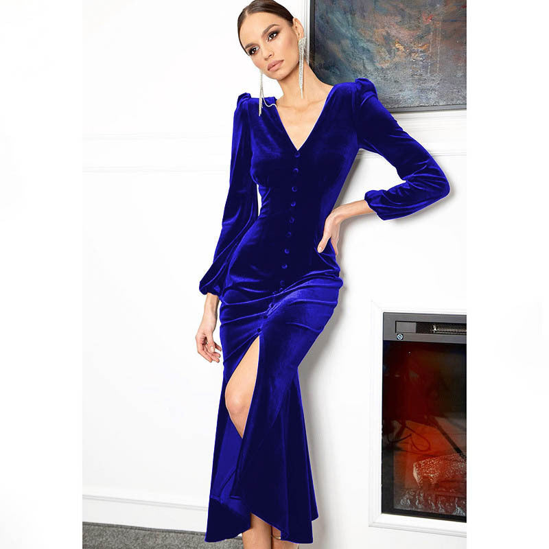 Women Autumn Knittingv Collar Solid Padded Shoulder Long Sleeve Slit Evening Dress 9