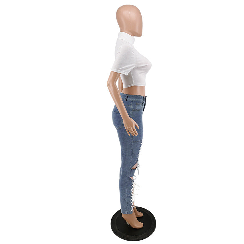 Women's Summer Lace-Up Sexy Denim Pants 16