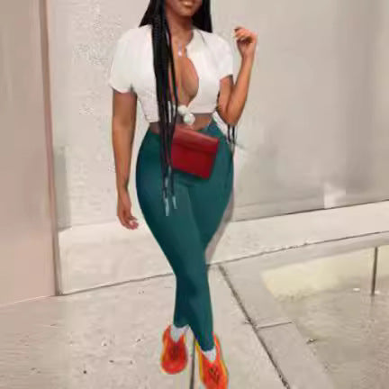 Women Lace Up Crop Top and Pant Two Piece Set 4