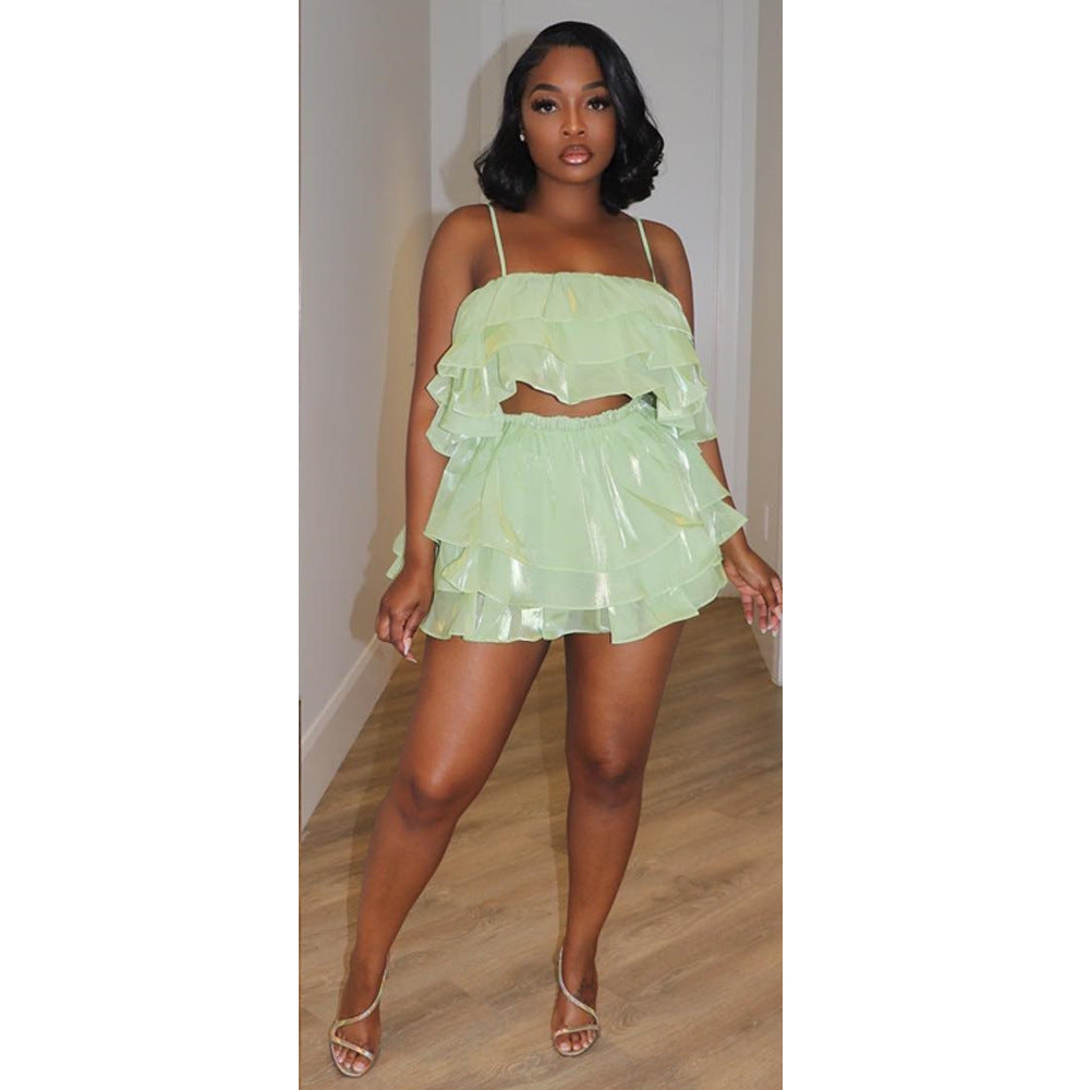 Women Solid Suspenders Top and Hakama Set