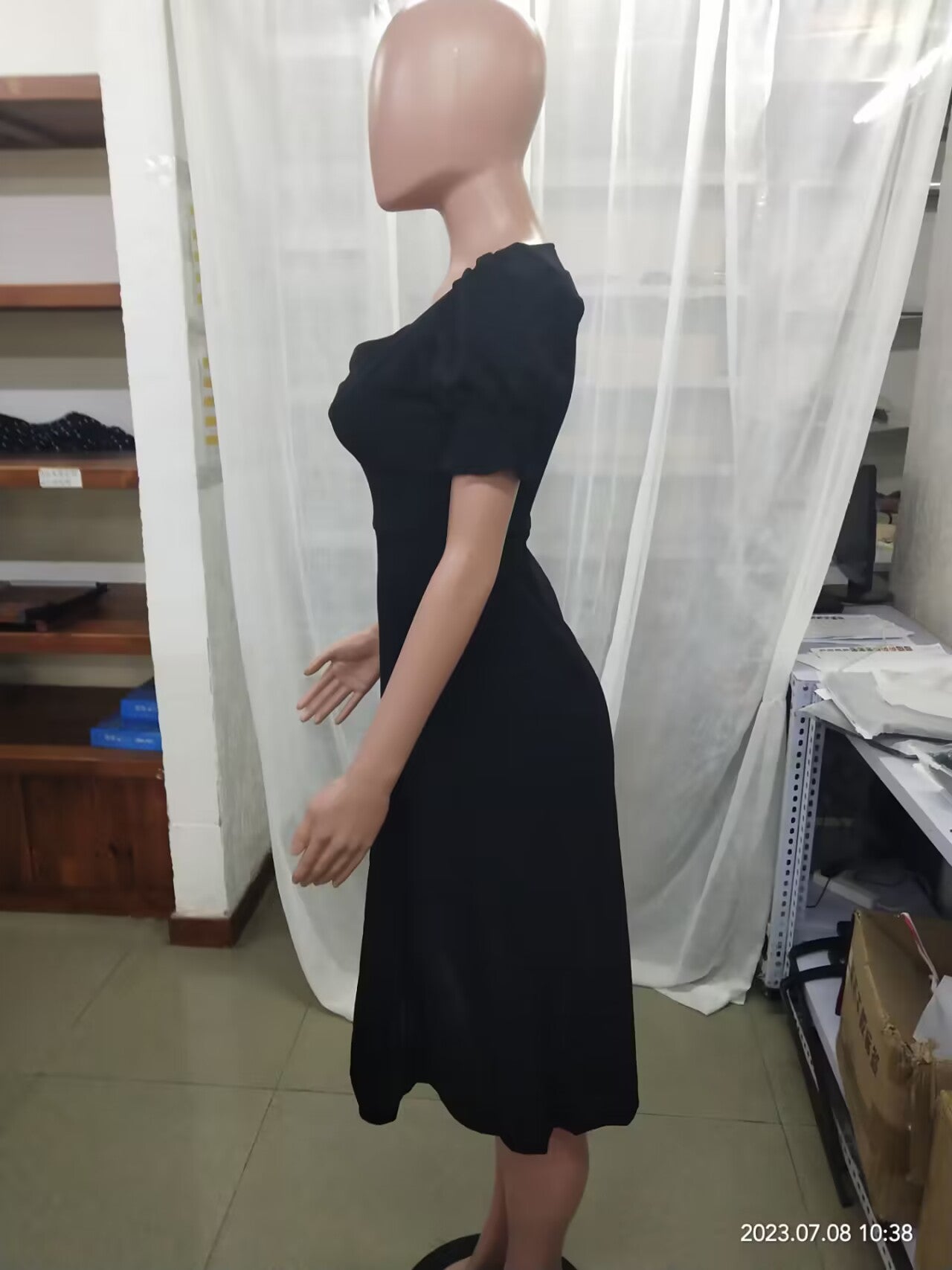 Women Summer French Style Puff Sleeve Square Neck Slit Long Dress 17