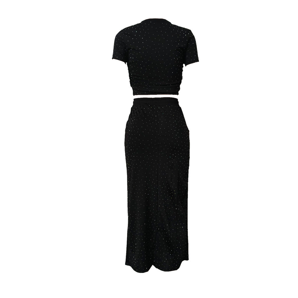 Women's Casual and Fashionable Summer Short Sleeve Two Piece Long Skirt Sets 12