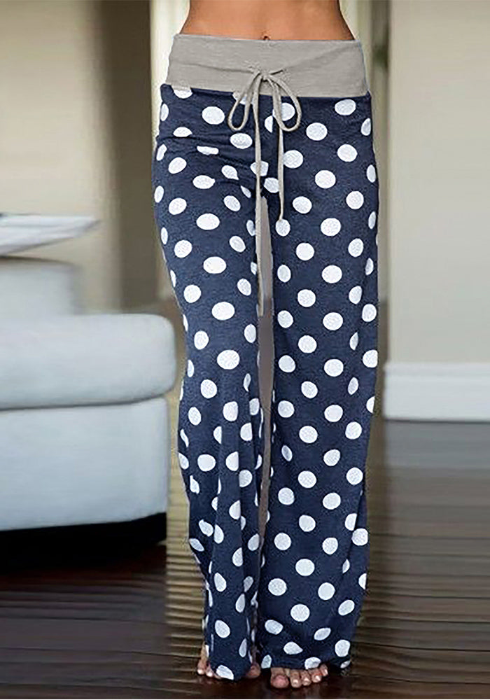 Women American-Style Casual Polka Dot Print Contrast Lace-Up Pants