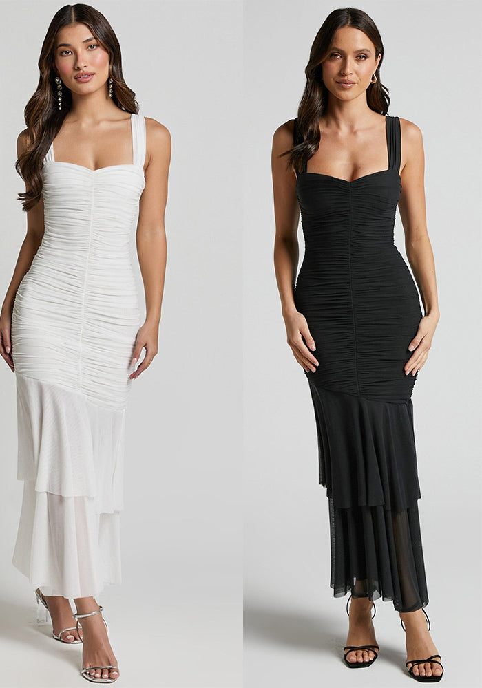 Fashionable Sexy Strap Mesh Patchwork Pleated Fishtail Dress