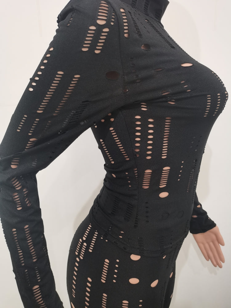 Spring Black Sexy Hollow Out Tight Top and Pants Two Piece Set 11