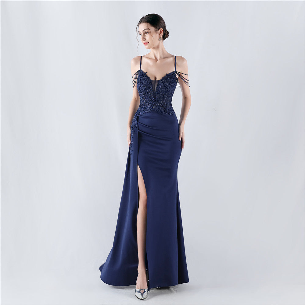 Women Beaded Flowered Fishbone Beaded Evening Dress 19