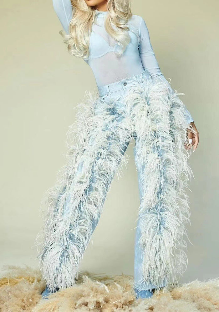 Women Fashion Furry Flowing Denim Pants