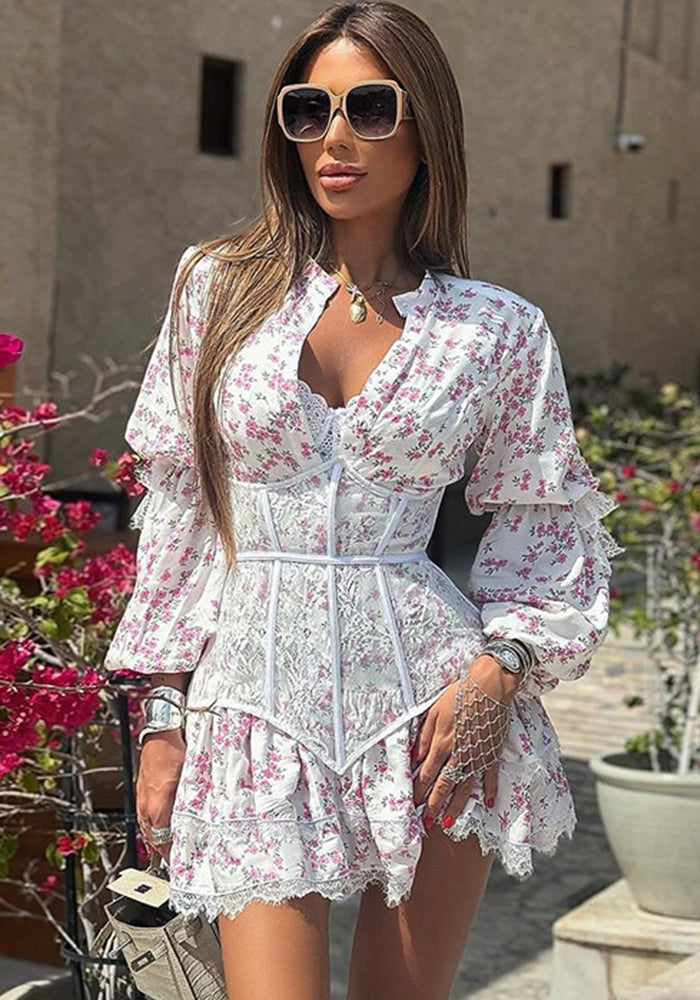 Women Print Long Sleeve Lace Dress