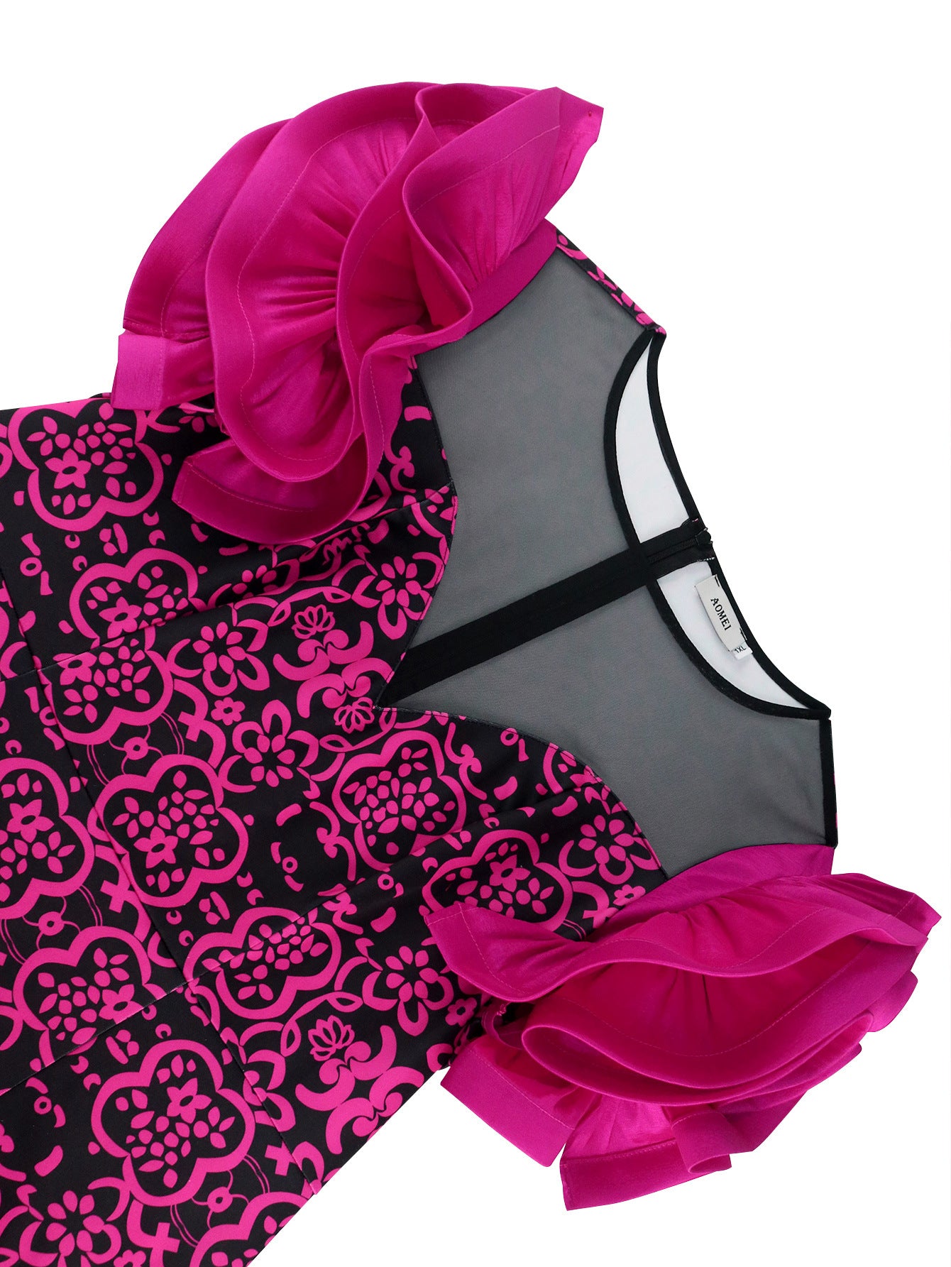 See-Through Mesh Patchwork Elegant Chic Petal Sleeve Printed Party Dress 6