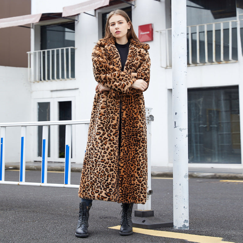Women Leopard Turndown Collar Furry Long Coat