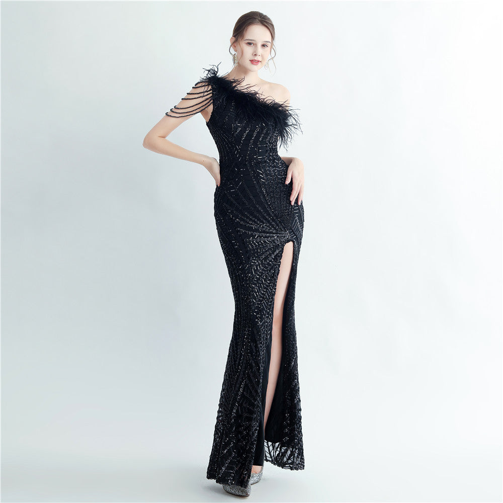 Feather beaded Slash Shoulder formal Party evening dress 14