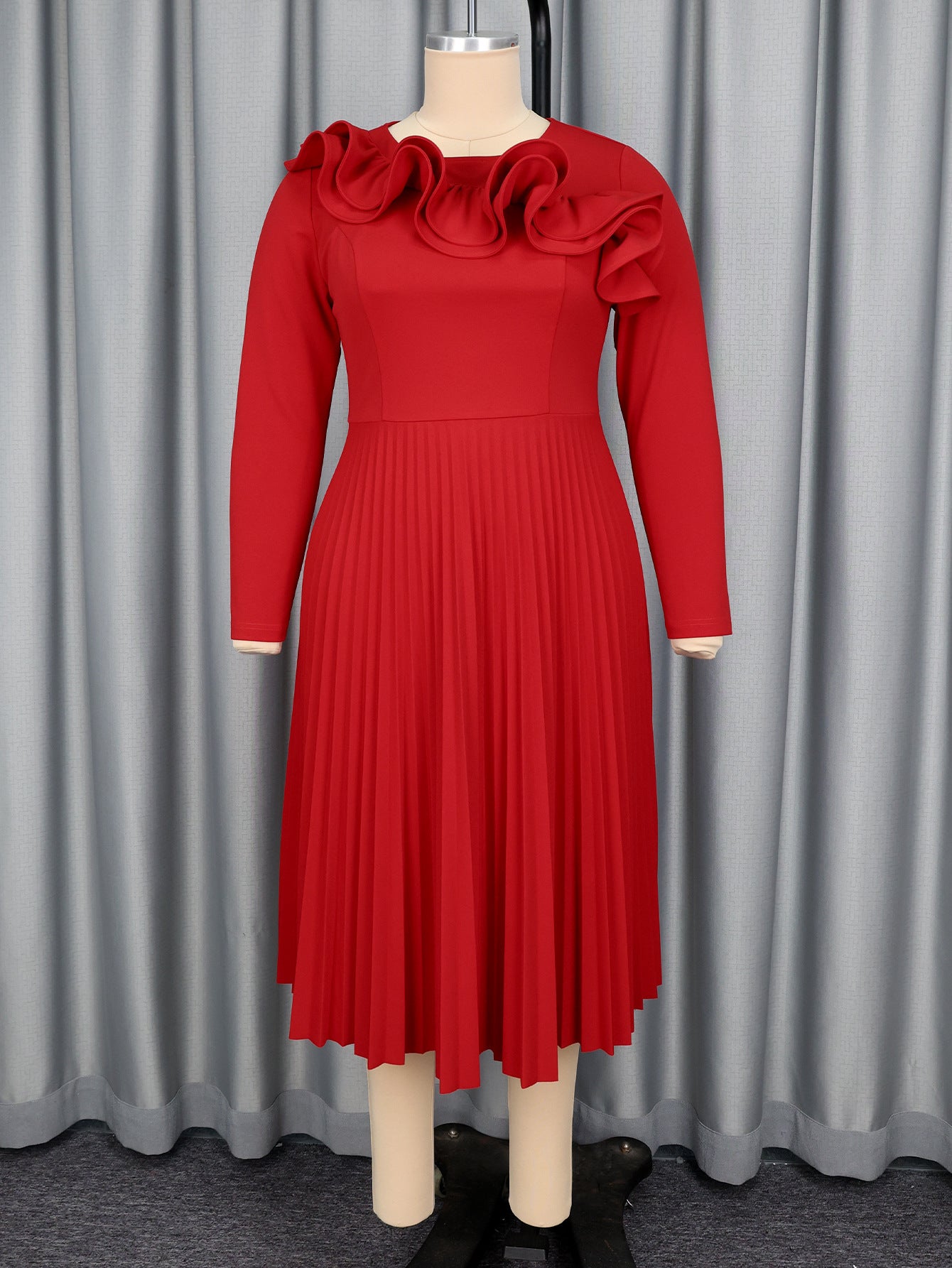 Plus-Size Women Wedding Round Neck Ruffled Long-Sleeved Pleated Red Formal Party Dress 7