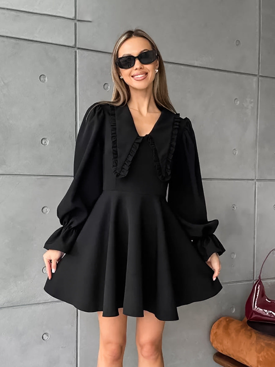 Autumn And Winter Black Sexy Turndown Collar Bell Bottom Long Sleeve Slim Short Dress 4