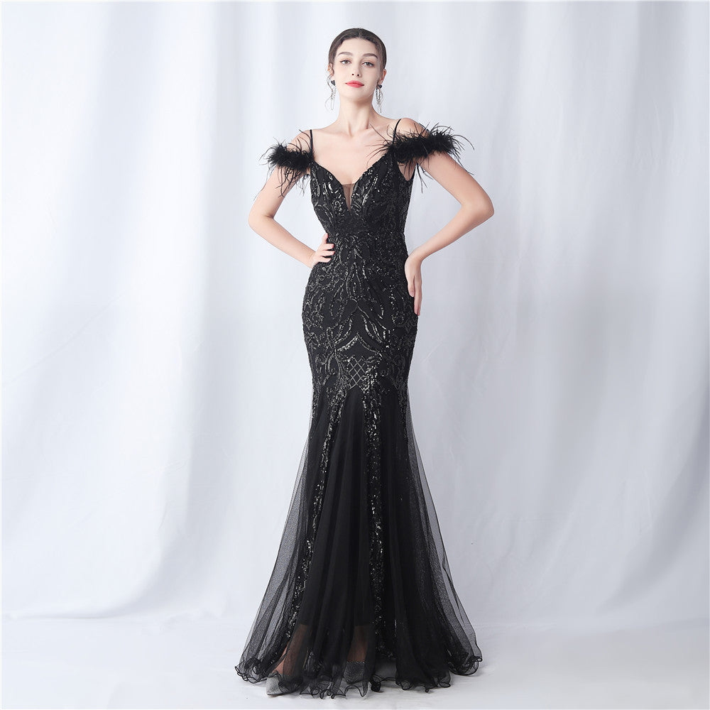 Women ostrich feather mesh floral sequin wedding evening dress 6