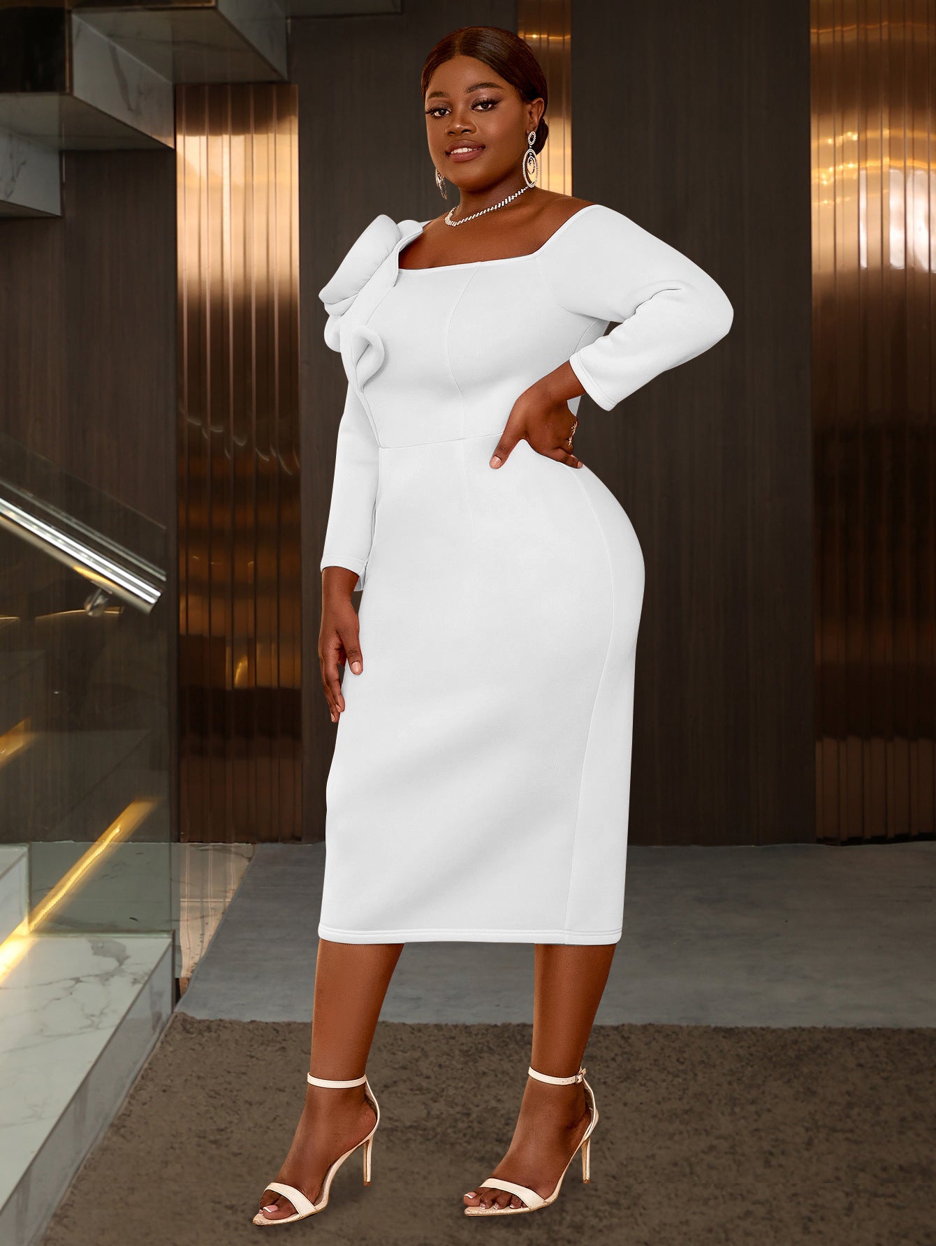 Solid Color Bell-Sleeve Back Slit Elegant Evening Gown 18