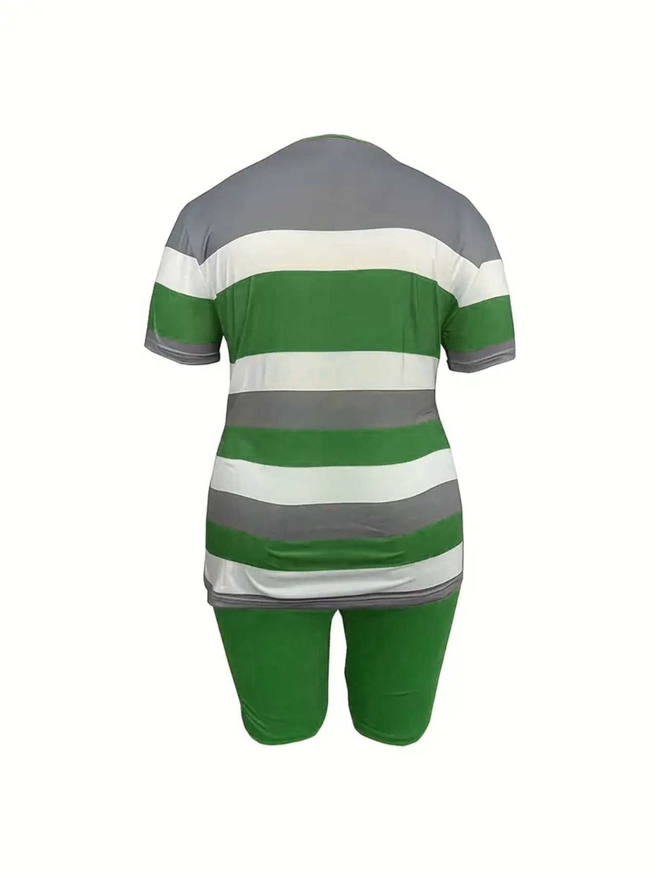 Women's Striped Print Short-Sleeve Sporty Two-Piece Shorts Set 26