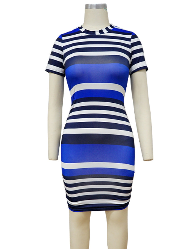 Women Summer Blue Striped O-Neck Casual Dress 3