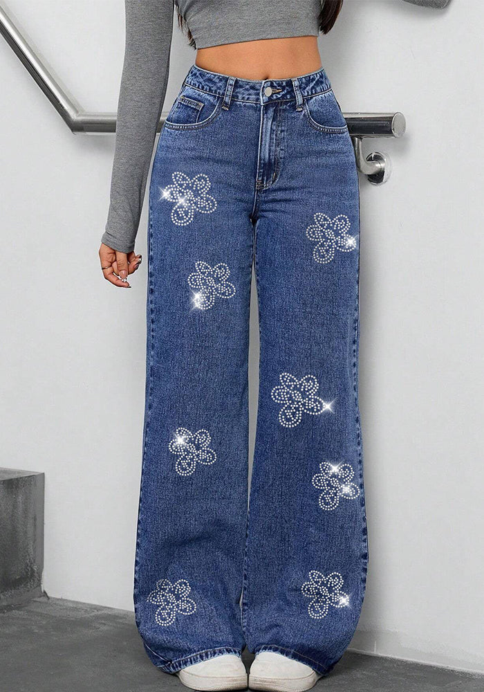 Women Autumn Floral Beaded Denim Pants